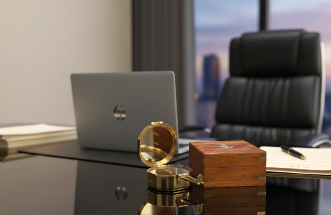 Otwierany kompas z mosiądzu w drewnianym, marynistycznym pudełku